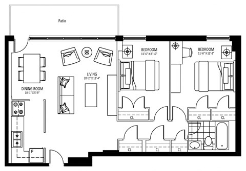 Floor plan for 2 beds, 1 bath, 846 sqft